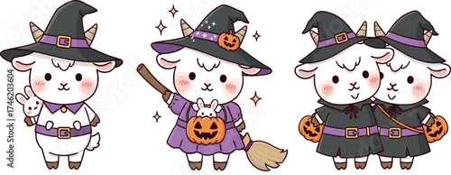 Cartoon goats in Halloween costumes, witch hats and pumpkin bags, festive animal illustration, cute characters for seasonal design, children’s content, and decorations
