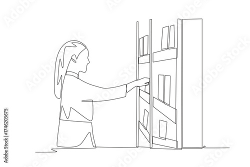 Woman looking for books on bookshelf. Browsing racks concept one-line drawing