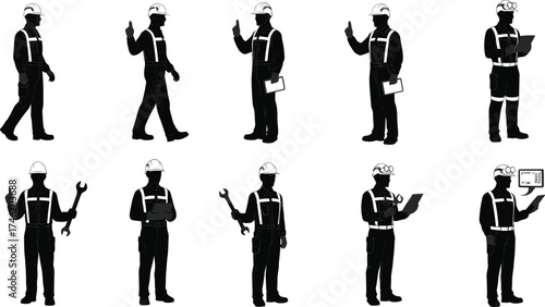 Industrial worker silhouette, safety helmet, technical task, digital device usage, wrench tool, clipboard inspection,