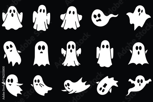 Cute ghost set, Halloween ghost isolated. set of cute halloween ghosts illustration design.  Ghost illustrations with various expressions. Vector illustration.	