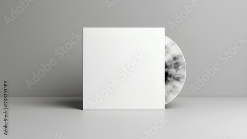 A black and white splatter vinyl record is paired with a blank white album cover, presented in a clean, minimalist monochrome setting.
