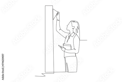 Woman looking for books on bookshelf. Browsing racks concept one-line drawing