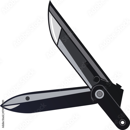 Stylized black and white drawing of an open folding knife with sharp blade
