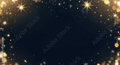 A black background with gold stars and snowflakes