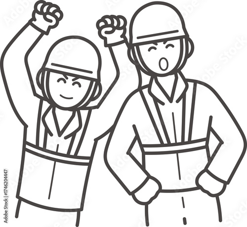 若く元気な土木技師の男性二人のイラスト　線画のみ