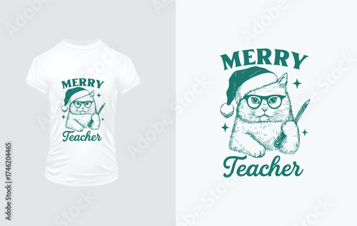 Merry Teacher Cat Wearing Santa Hat and Glasses Holding a Pencil christmas holiday