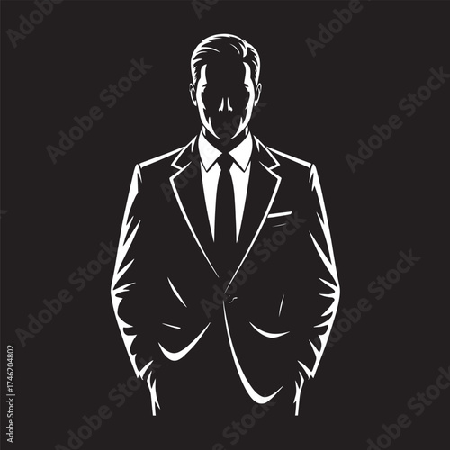 Silhouette of a standing businessman in a suit and tie, a black vector illustration of a person for business people