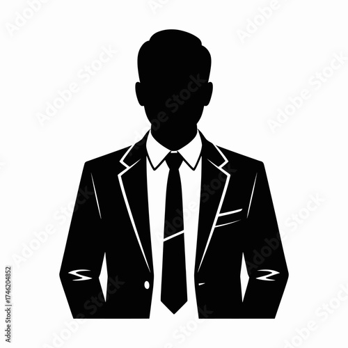 A simple black silhouette vector of a businessman in a suit and tie is a common office symbol or icon representing a manager or boss