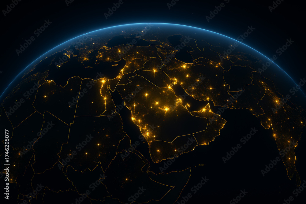 Fototapeta premium stunning aerial view of Arab world and Arabian peninsula illuminated at night from space, concept of global connectivity and technology, mapping and geography, middle east global connection