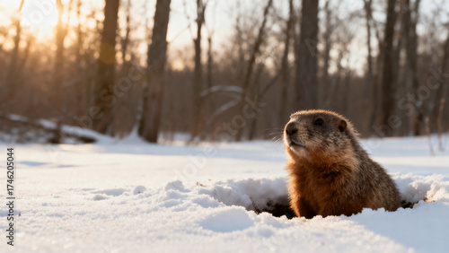 Groundhog in snowy forest