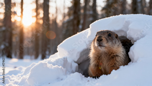 Groundhog in Snowy Burrow at Sunset