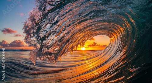 A breathtaking wave crashes against the water, its curl illuminated by the warm, golden sunset light.