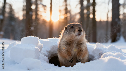 Groundhog Emerging from Snow Burrow