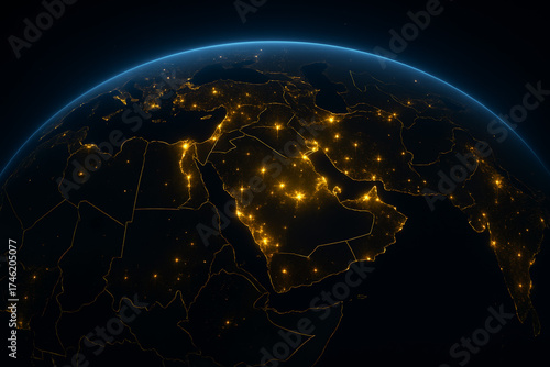 stunning aerial view of Arab world and Arabian peninsula illuminated at night from space, concept of global connectivity and technology, mapping and geography, middle east global connection