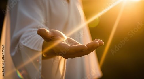 A close-up view of a person's outstretched hand, palm facing upwards, against a warm, golden light. The image evokes a sense of openness, possibility, and spiritual contemplation.