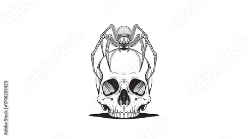 Line art of a skull with a spider on top showcasing detailed bone structure and arachnid features
