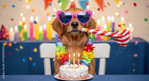 A lively birthday celebration featuring a playful dog in heart-shaped sunglasses and a flower lei, surrounded by a decorated cake and festive decorations.