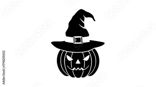 Black silhouette of a Halloween pumpkin wearing a witch hat clipart real