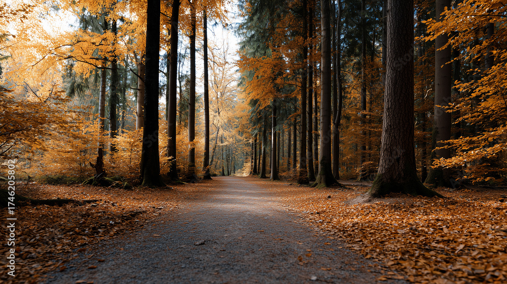 Obraz premium Autumn Forest Path Covered with Golden Leaves