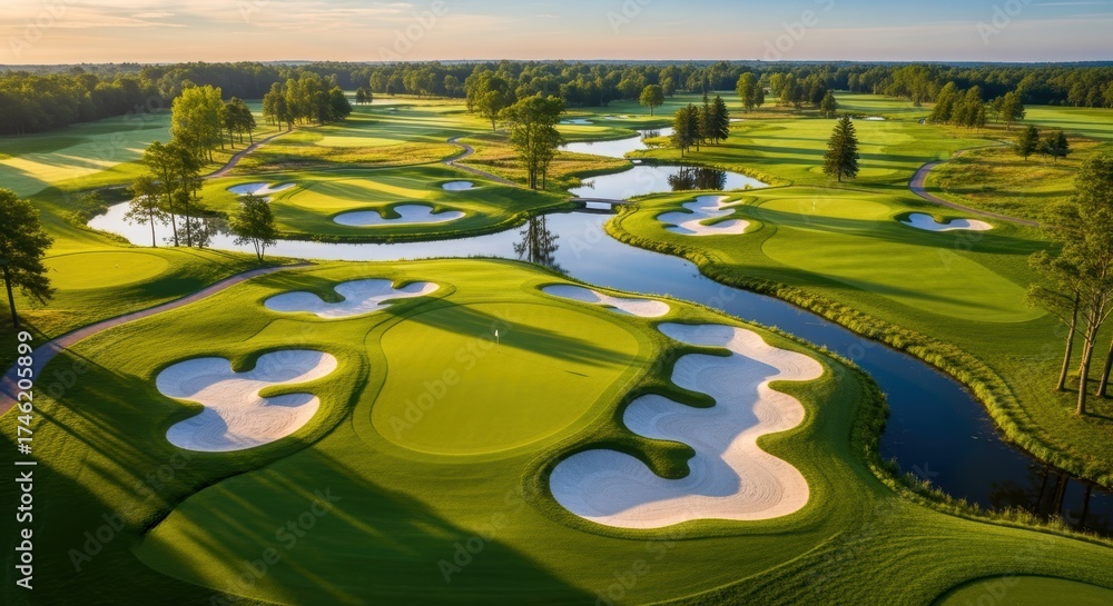 Fototapeta premium Expansive golf course with lush fairways, serene lakes, and strategic bunkers. Aerial view showcases the challenging yet visually stunning layout with diverse holes and water hazards.