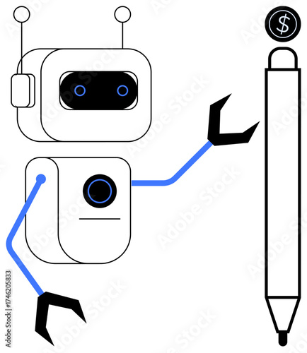 Robot with antennas and claw arms reaches for a large pen topped with a dollar coin. Ideal for technology, innovation, automation, finance, AI, creativity, productivity. Simple flat metaphor