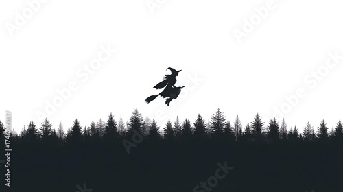 Witch silhouette flies on a broomstick above a dark forest landscape clipart