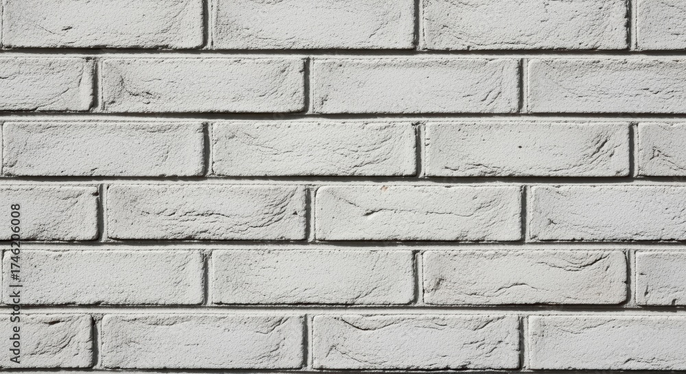 Obraz premium A closeup view of a plain white brick wall with a uniform, textured surface. The bricks are arranged in a regular pattern, creating a clean and minimalist architectural aesthetic.