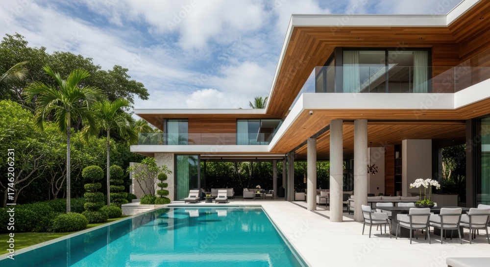 Fototapeta premium Luxury home with lush tropical setting, including pool and palm trees. Open-concept design with panoramic glass windows and doors.