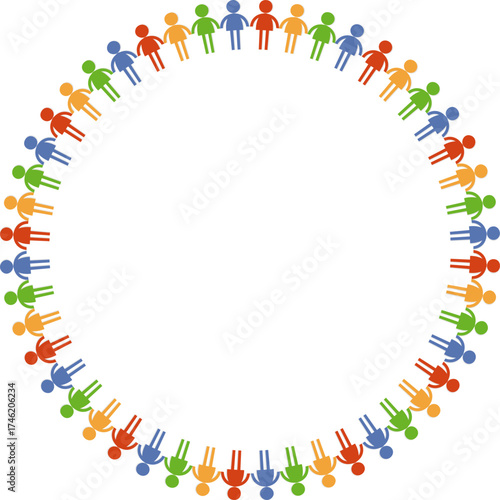Diverse group of colorful stick figures holding hands in a circle