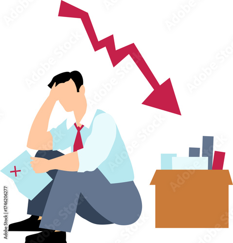 Man sitting dejected with box of belongings and falling graph