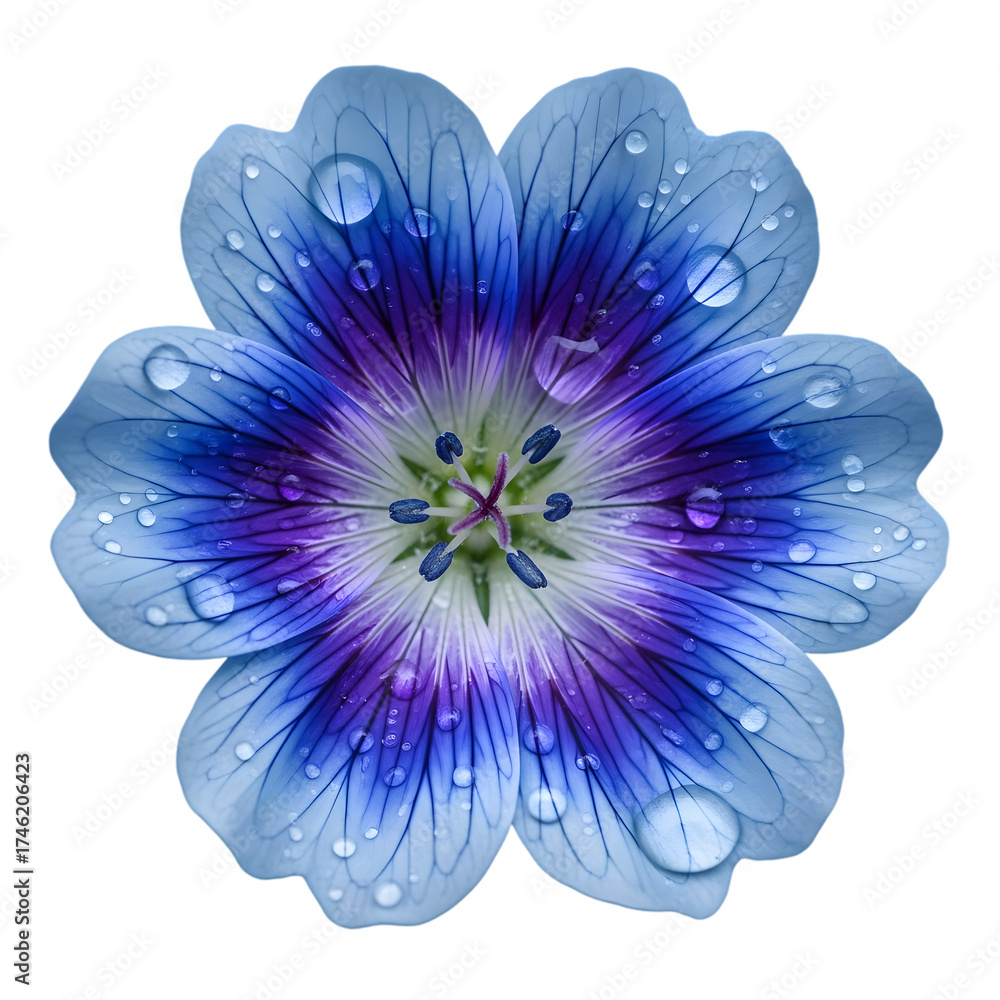 Obraz premium A beautiful macro photograph of a single blue and purple flower covered in fresh water droplets, isolated on a clean white background.