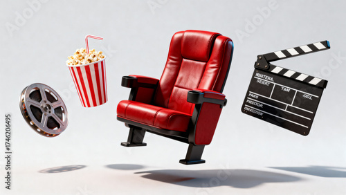 Cinema essentials with seat popcorn film clapperboard