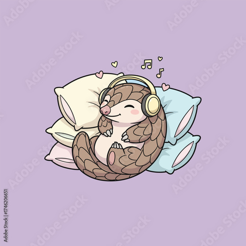 Cute cartoon pangolin relaxing on pillows listening to music with headphones.