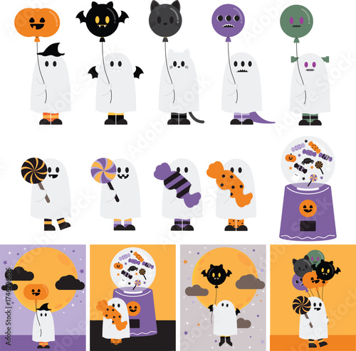 Cute Kid Ghost with Halloween Balloons