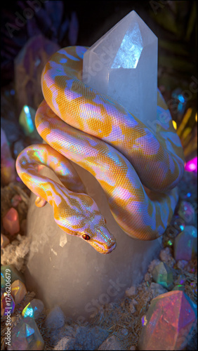A shimmering snake intertwined with glowing crystals under soft blue light, radiating a celestial aura. Macro fantasy composition with high visual contrast.