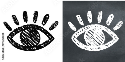 Chalk hand-drawn eye icon vector. Ideal for vision, security, and watchful themes. This graphic symbolizes perception, surveillance, and sight with a unique, sketchy aesthetic.