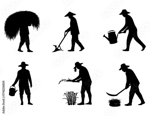 Vector silhouettes illustrating traditional farm workers performing essential agricultural tasks from planting to harvesting