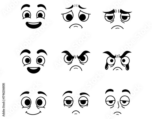 Variety of cartoon facial expressions portraying a wide range of human emotions from cheerful to upset and sleepy