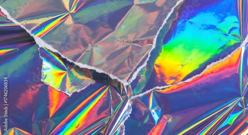 Irridescent holographic fragments reflect rainbow colors, creating a vibrant, dreamy mood. Sharp edges contrast with swirling hues of blue, green, yellow. AI Generated