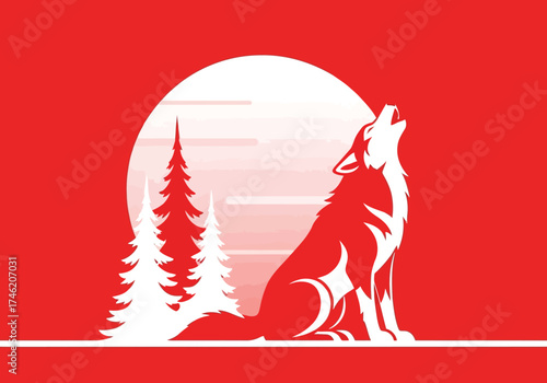 Vector illustration of wolf howling at the moon with trees on red background