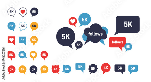 Social media engagement icons and notifications with follower counts and likes.