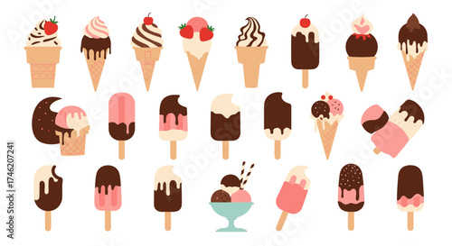 A delightful collection of assorted ice cream cones and popsicles offering a variety of flavors and toppings for everyone to enjoy during warm weather.