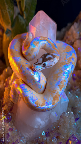 A fantasy serpent wrapped around radiant crystals emitting soft golden and cyan light. The composition symbolizes balance between nature and mystic energy.