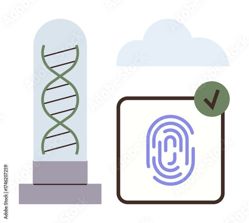 DNA strand and fingerprint icon with verification tick beneath cloud. Ideal for biometrics, data security, identity verification, genetics, forensic analysis, biotechnology, technology integration