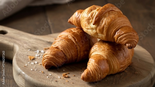 Golden brown croissants stacked on a rustic wooden cutting board with flaky crumbs