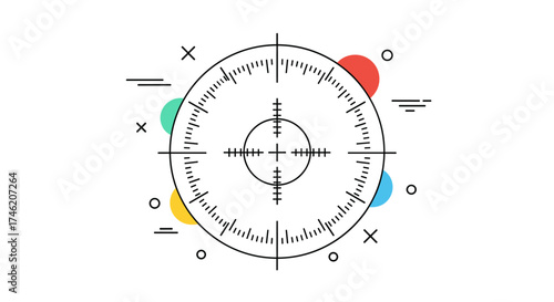 A futuristic digital aiming scope with crosshairs and concentric circles on a white background with colorful circles and abstract shapes.