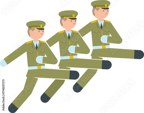 Three soldiers in uniform marching in unison with high steps