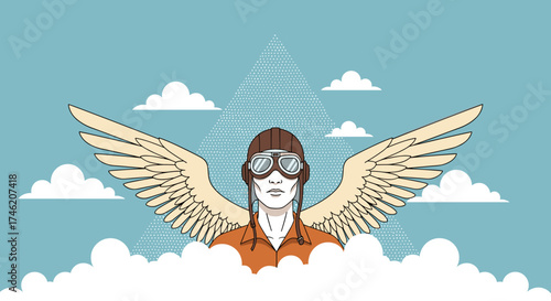 An aviator with feathered wings soars majestically above the clouds.