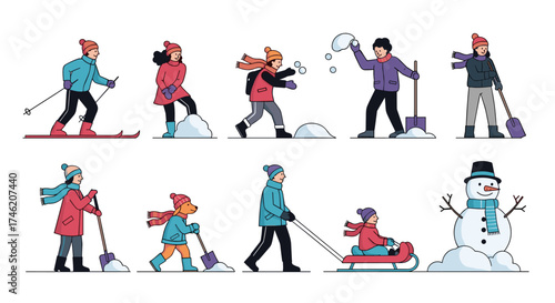 Winter activities with children playing in the snow and building a snowman.