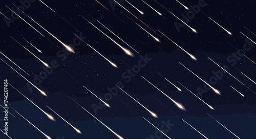 A stunning celestial event unfolds as numerous glowing meteors streak across the dark night sky filled with tiny stars.